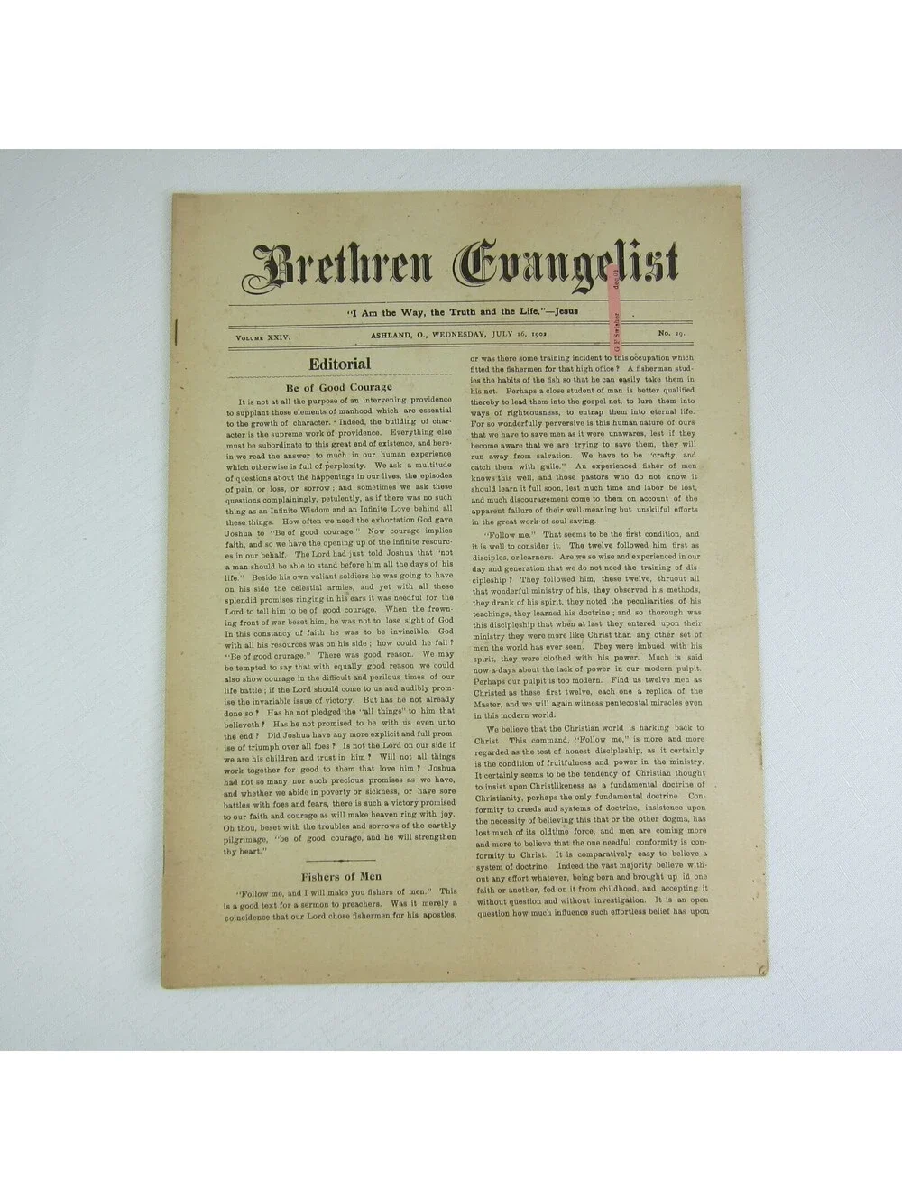 Brethren Evangelist Christian Newspaper Ashland Ohio Antique July 16th 1902 RARE